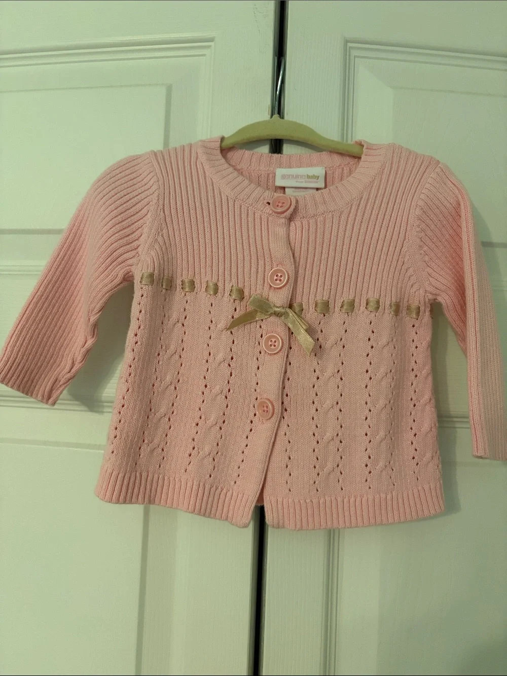 OshKosh B'gosh Pink Button Down Knit Cardigan with Gold Bow Ribbon Trim-6 Months